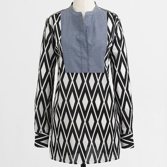 J. Crew Black & White Geometric Diamond Print Tunic with Chambray Bib Size Small - Picture 2 of 8